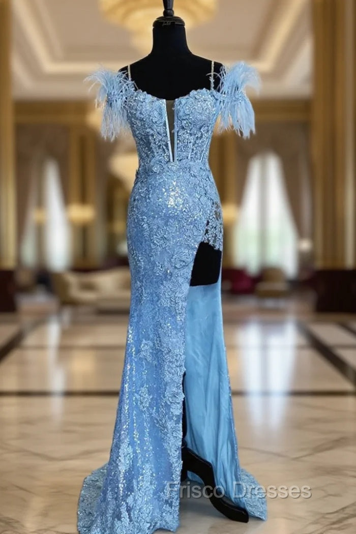Blue Mermaid Sequins Spaghetti Straps Feather Formal Prom Dress