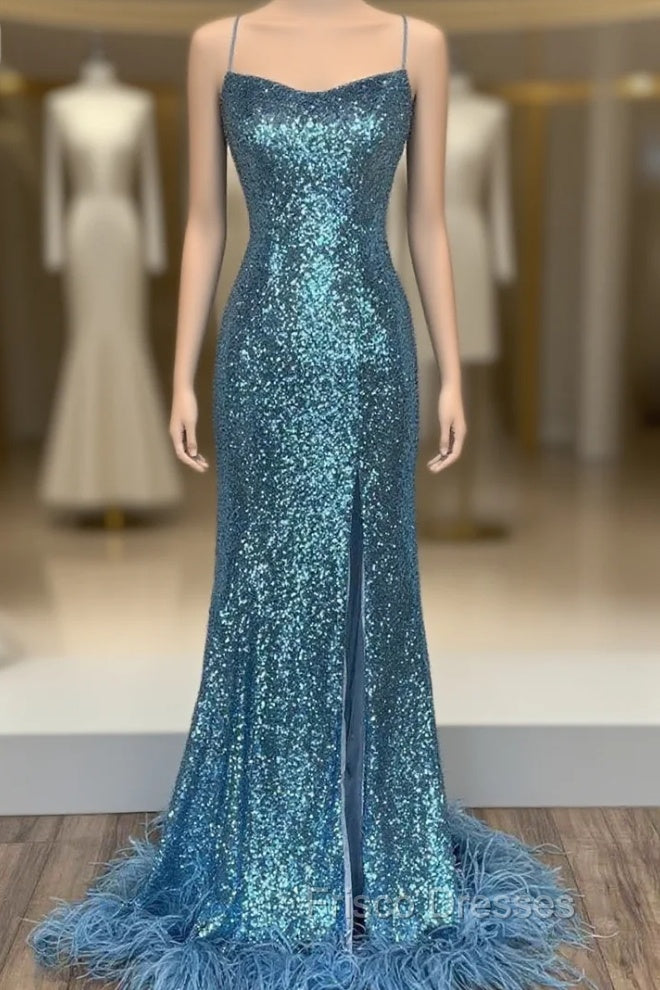 Blue Mermaid Sequins Spaghetti Straps Formal Prom Dress Main image
