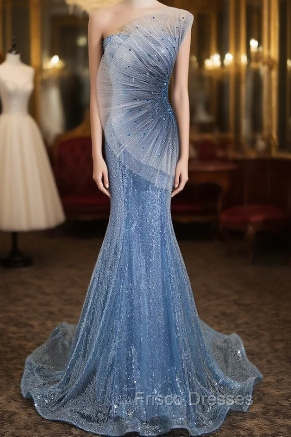 Blue Mermaid Sequins Strapless Formal Prom Dress