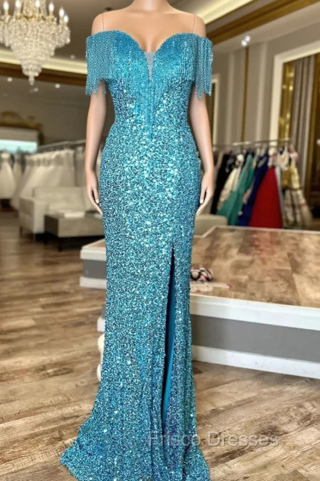 Blue Mermaid Sequins Straps Beading Split Formal Prom Dress Main image