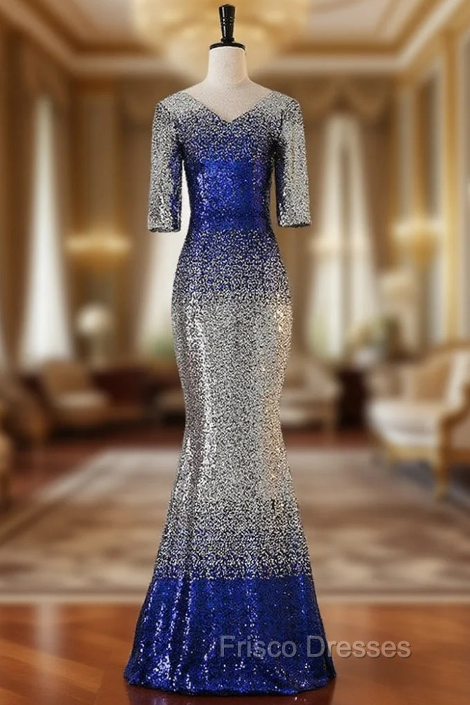 Blue Mermaid Short Sleeve Sequins Formal Prom Dress Main image