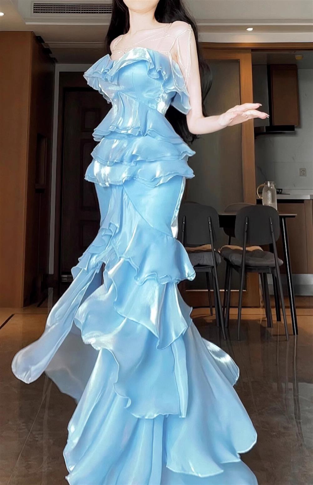 Blue Mermaid Strapless Long Ruffled Prom Dress