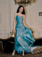 Blue Mermaid Straps Long Sweetheart Prom Dress, Blue Party Dress Formal Dress