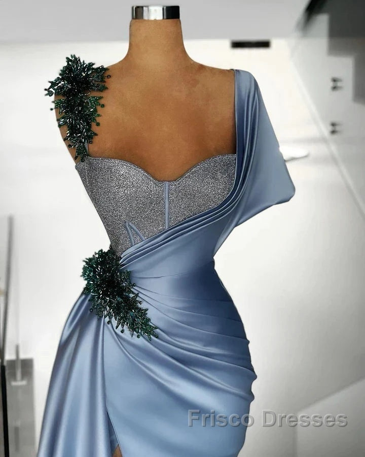 Blue Mermaid Sweetheart Satin Long Formal Prom Dress Beaded One Shoulder Formal Evening Dress Secondary image