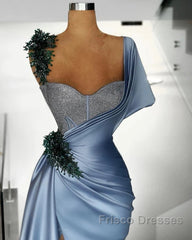 Blue Mermaid Sweetheart Satin Long Formal Prom Dress Beaded One Shoulder Formal Evening Dress
