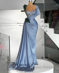 Blue Mermaid Sweetheart Satin Long Formal Prom Dress Beaded One Shoulder Formal Evening Dress