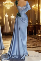 Blue Mermaid Sweetheart Satin Long Formal Prom Dress Beaded One Shoulder Formal Evening Dress