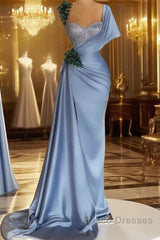 Blue Mermaid Sweetheart Satin Long Formal Prom Dress Beaded One Shoulder Formal Evening Dress