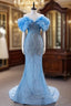 Blue Mermaid Tulle Sequins Off the Shoulder Formal Prom Dress