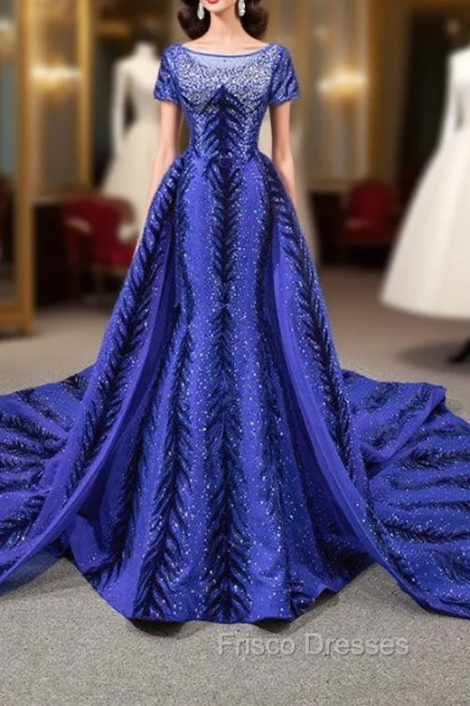 Blue Mermaid Velvet Backless Cap Sleeve Formal Prom Dress With Removable Train