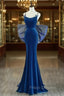 Blue Mermaid Velvet Spaghetti Straps Formal Prom Dress