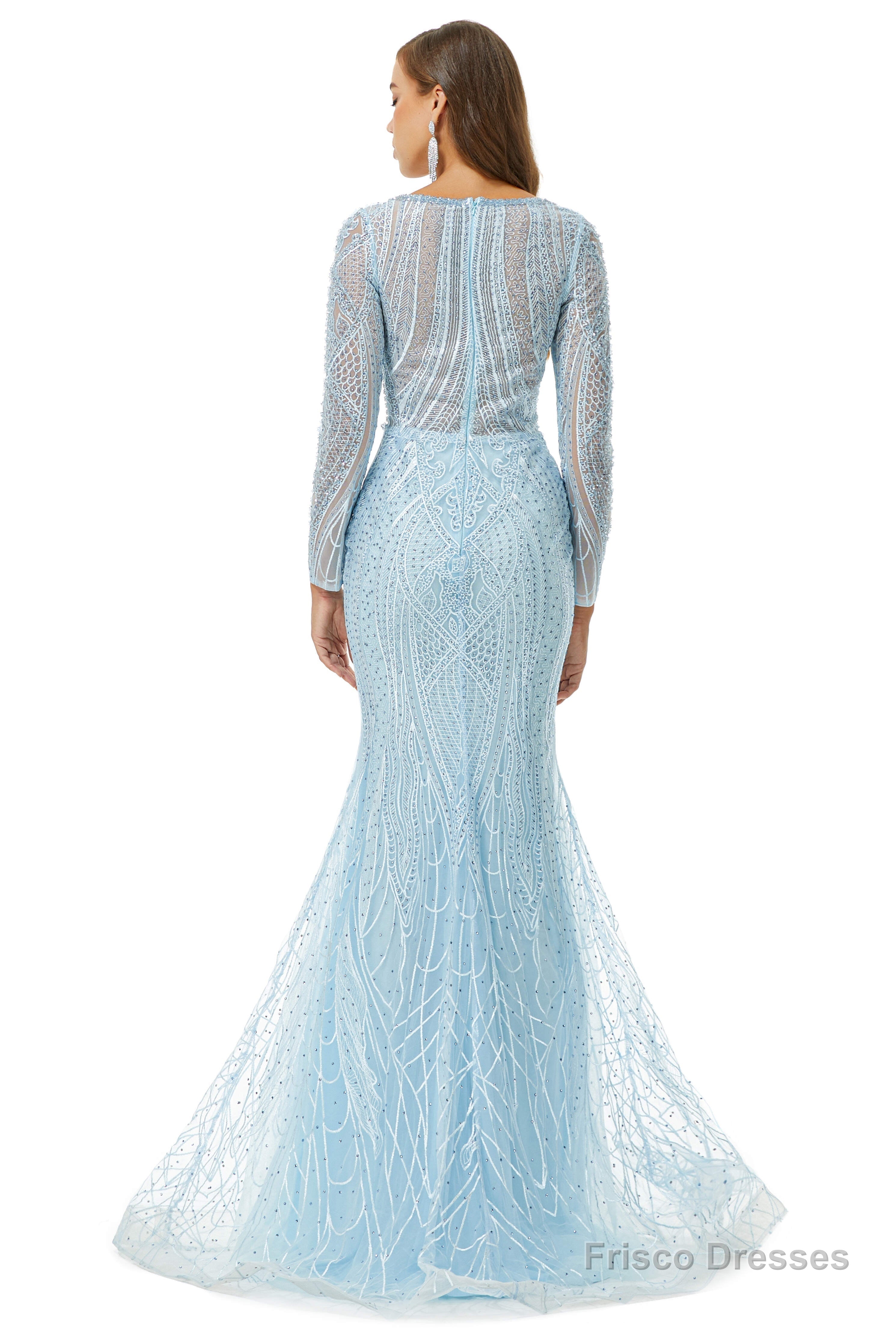 Neckline Long Sleeve Mermaid Lace Pattern Tulle Beading Prom Dresses