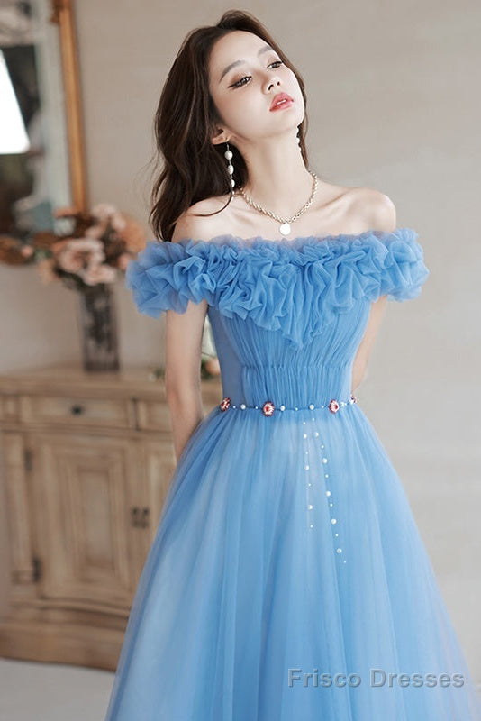 Blue Off Shoulder Beaded A-Line Floor Length Party Dress, Blue Evening Gown Secondary image