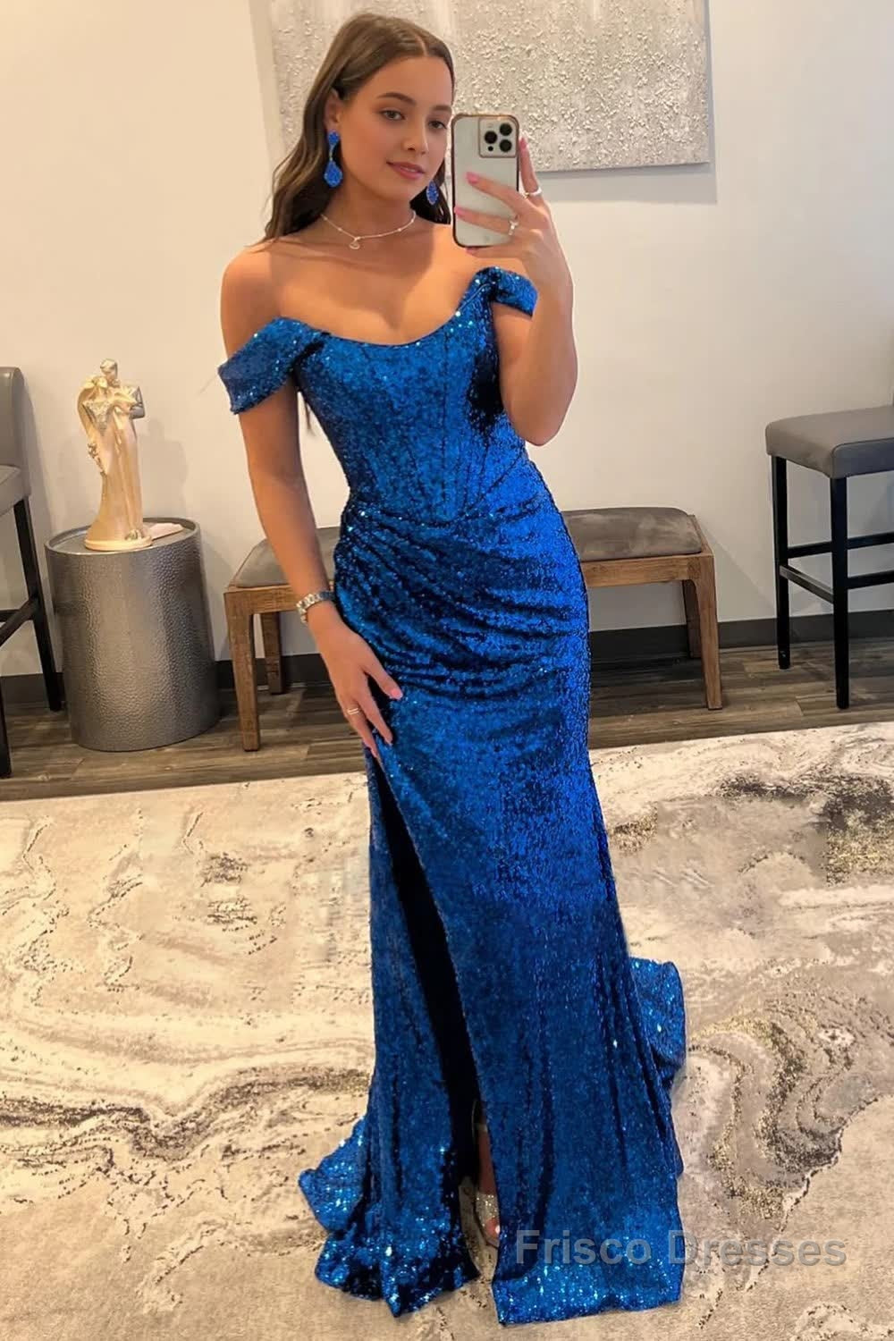 Blue Off Shoulder Mermaid Prom Dress with Slit Main image