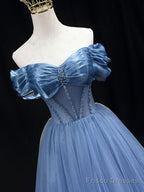 Blue Off Shoulder Tulle Long Prom Dress, Blue Tulle Formal Dress
