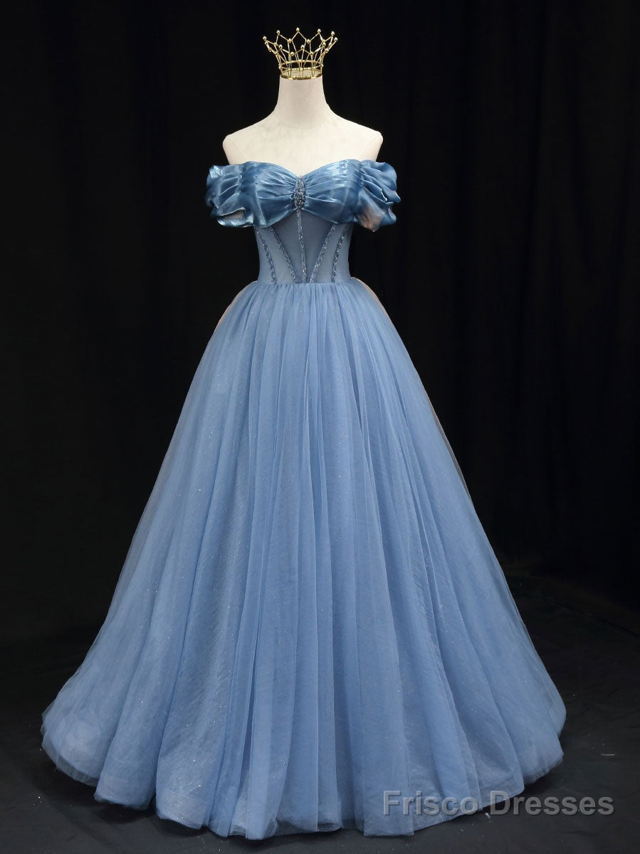 Blue Off Shoulder Tulle Long Prom Dress, Blue Tulle Formal Dress Main image