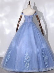 Blue Off Shoulder Tulle Party Dress With Lace, Long Formal Dress Sweet 16 Dress