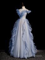 Blue Off Shoulder Tulle Sequin Beading Long Formal Prom Dress, Blue Formal Dress