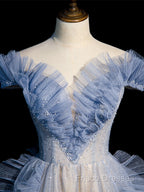 Blue Off Shoulder Tulle Sequin Beading Long Formal Prom Dress, Blue Formal Dress