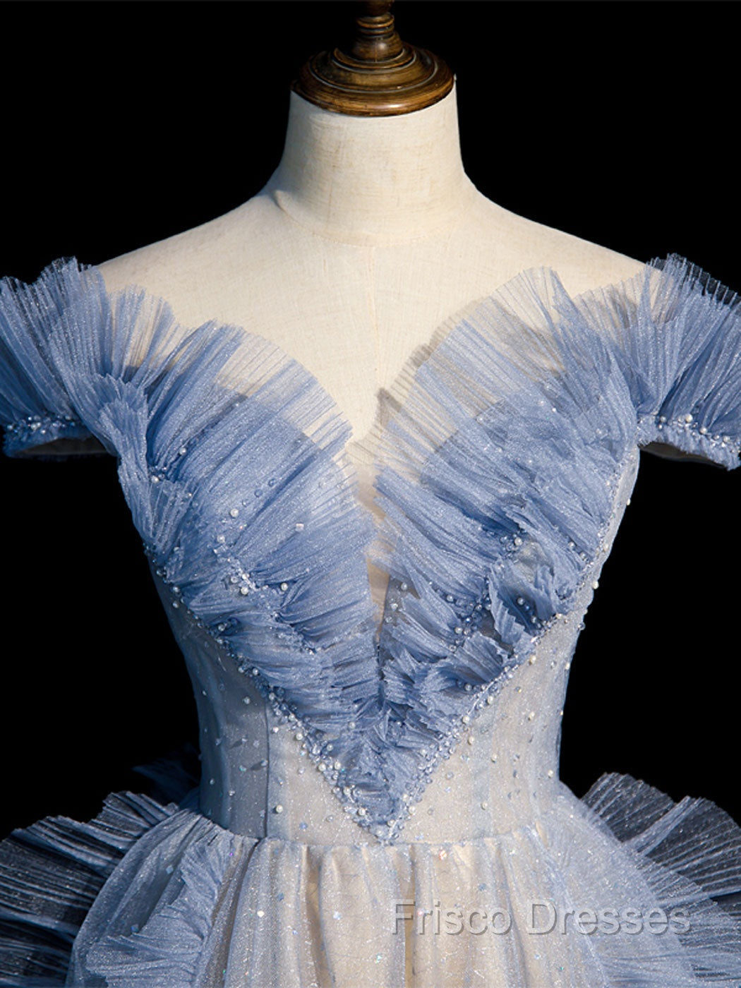 Blue Off Shoulder Tulle Sequin Beading Long Formal Prom Dress, Blue Formal Dress