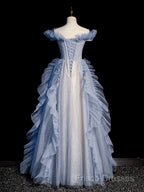 Blue Off Shoulder Tulle Sequin Beading Long Formal Prom Dress, Blue Formal Dress