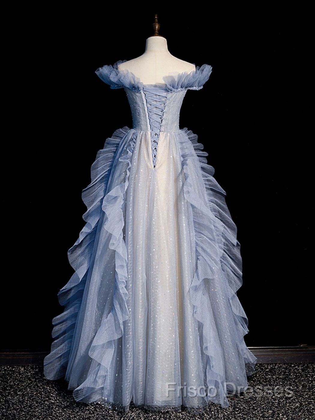 Blue Off Shoulder Tulle Sequin Beading Long Formal Prom Dress, Blue Formal Dress
