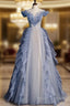 Blue Off Shoulder Tulle Sequin Beading Long Formal Prom Dress, Blue Formal Dress