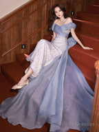 Blue Off Shoulder Tulle Sequin Mermaid Long Prom Dress, Blue Formal Dress