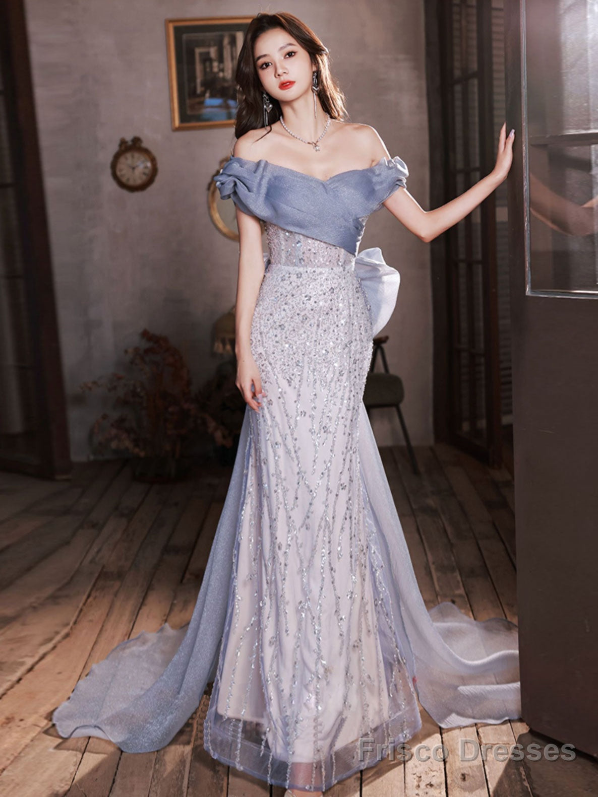 Blue Off Shoulder Tulle Sequin Mermaid Long Prom Dress, Blue Formal Dress Main image