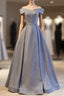Blue Off the Shoulder Belt Formal Prom Dress