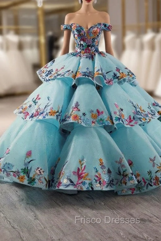 Blue Off the Shoulder Colorful Sequins Formal Prom Dress