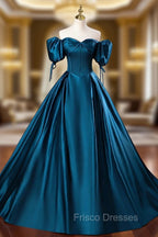 Blue Off the Shoulder Satin Floor Length Formal Prom Dress with Corset, Blue Evening Party Dress
