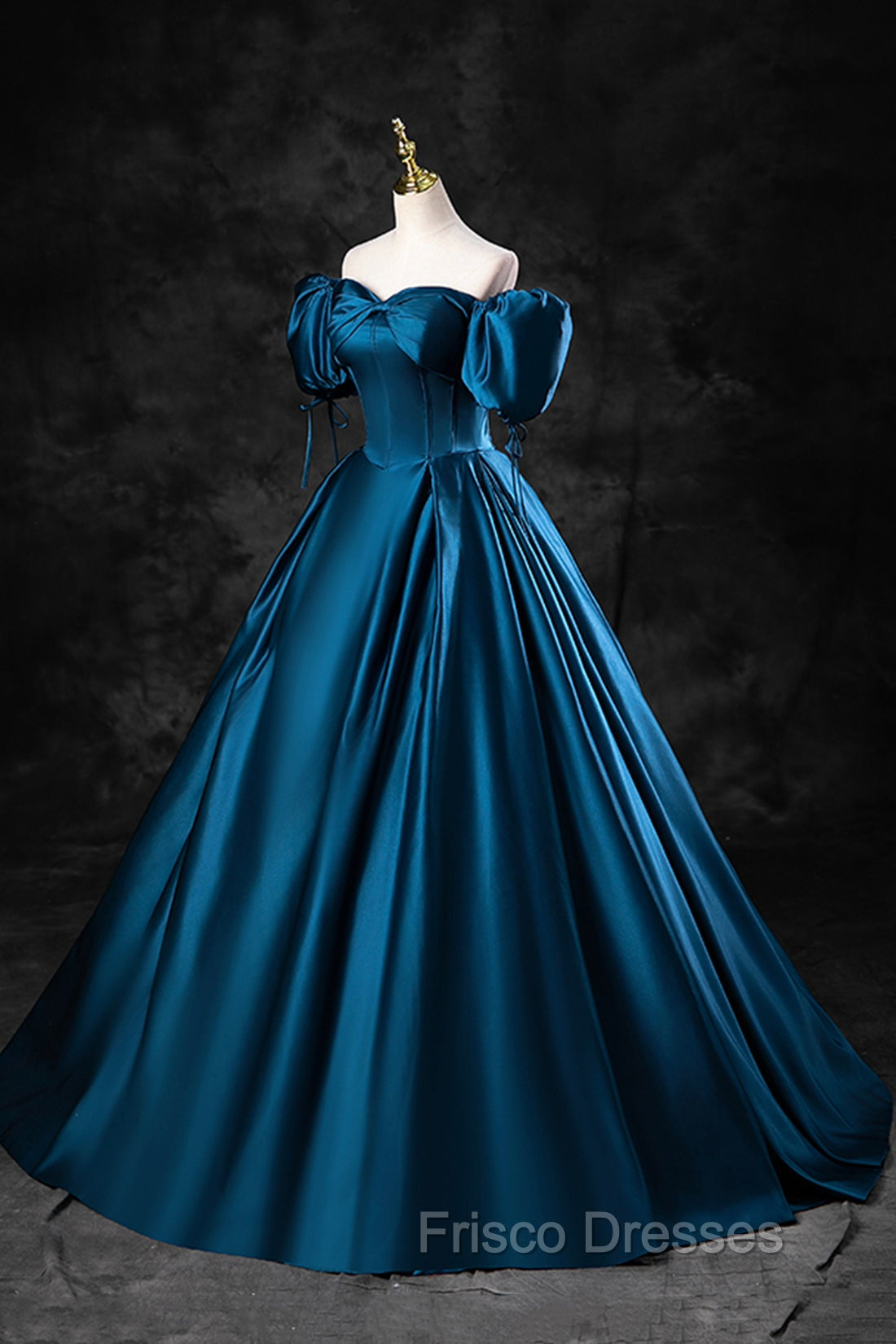 Blue Off the Shoulder Satin Floor Length Formal Prom Dress with Corset, Blue Evening Party Dress