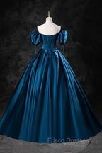 Blue Off the Shoulder Satin Floor Length Formal Prom Dress with Corset, Blue Evening Party Dress