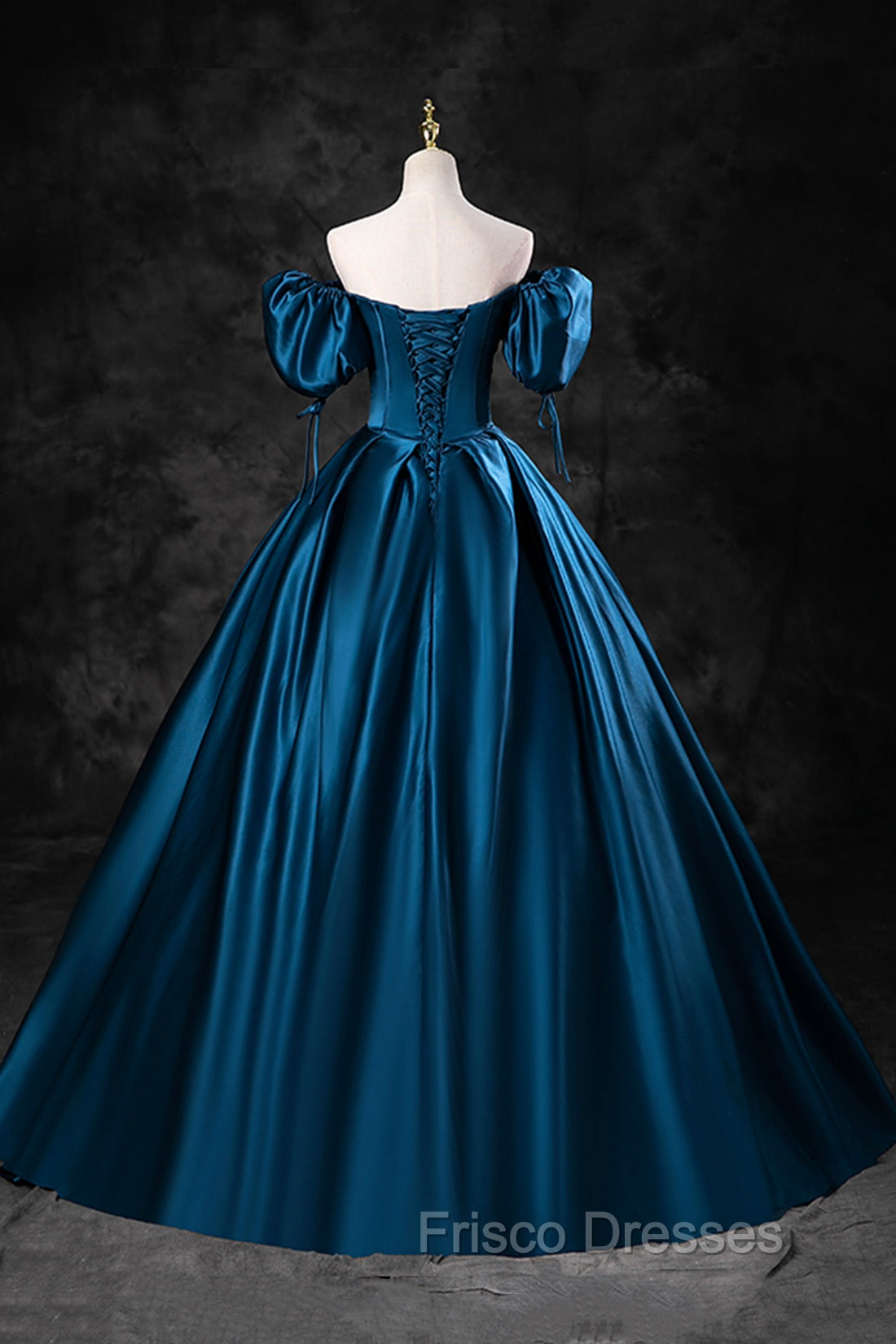 Blue Off the Shoulder Satin Floor Length Formal Prom Dress with Corset, Blue Evening Party Dress
