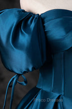 Blue Off the Shoulder Satin Floor Length Formal Prom Dress with Corset, Blue Evening Party Dress