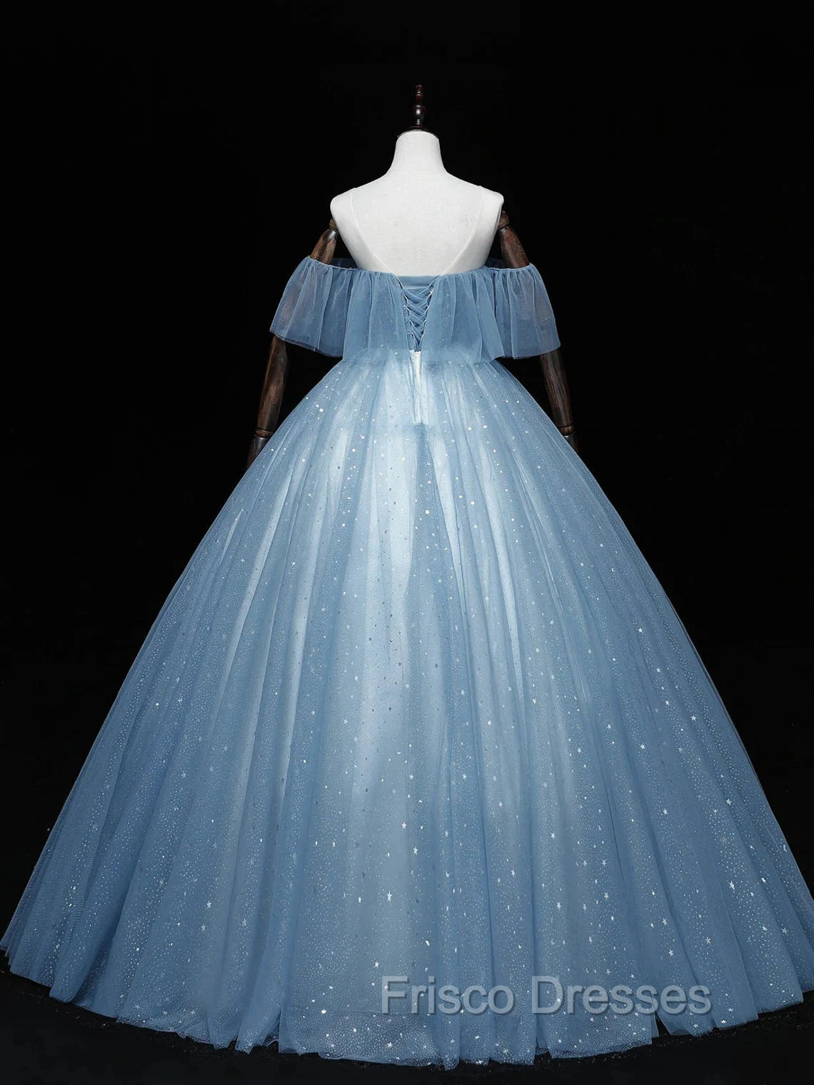 Blue Off-the-Shoulder Sequin Tulle Lace Sleeveless Lone Formal Prom Dress,Sweet 16 Gown