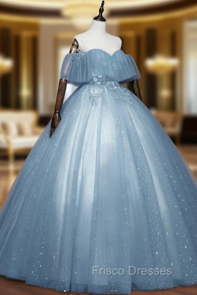 Blue Off-the-Shoulder Sequin Tulle Lace Sleeveless Lone Formal Prom Dress,Sweet 16 Gown Main image