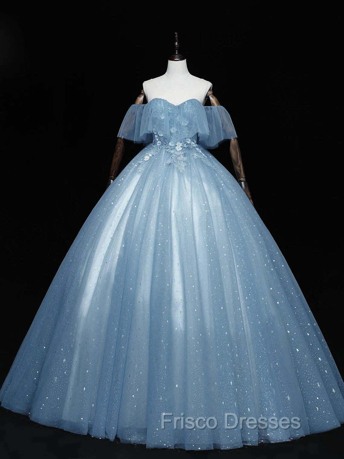 Blue Off-the-Shoulder Sequin Tulle Lace Sleeveless Lone Formal Prom Dress,Sweet 16 Gown Secondary image
