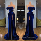 Blue Off-the-Shoulder Velvet Formal Prom Dress Mermaid Long With Split