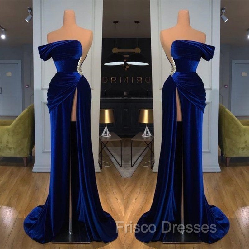 Blue Off-the-Shoulder Velvet Formal Prom Dress Mermaid Long With Split