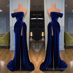 Blue Off-the-Shoulder Velvet Prom Dress Mermaid Long With Split