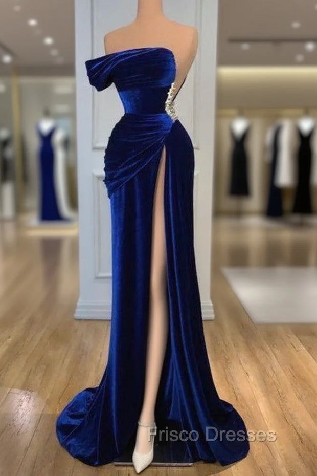 Blue Off-the-Shoulder Velvet Formal Prom Dress Mermaid Long With Split Main image