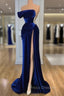 Blue Off-the-Shoulder Velvet Formal Prom Dress Mermaid Long With Split