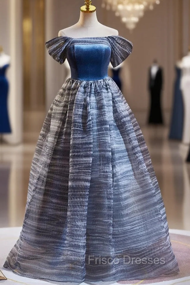 Blue Off the Shoulder Velvet Formal Prom Dress Main image