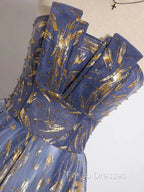 Blue Ombre Long Lace Formal Prom Dress, Blue Long Lace Tulle Formal Evening Dress