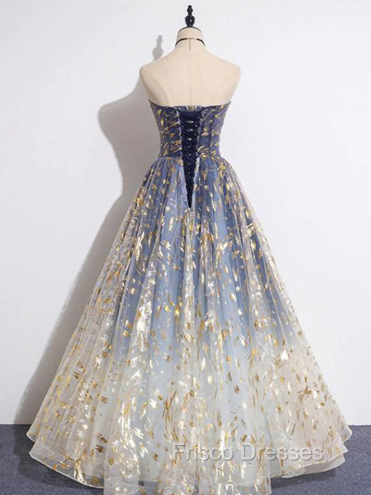 Blue Ombre Long Lace Formal Prom Dress, Blue Long Lace Tulle Formal Evening Dress
