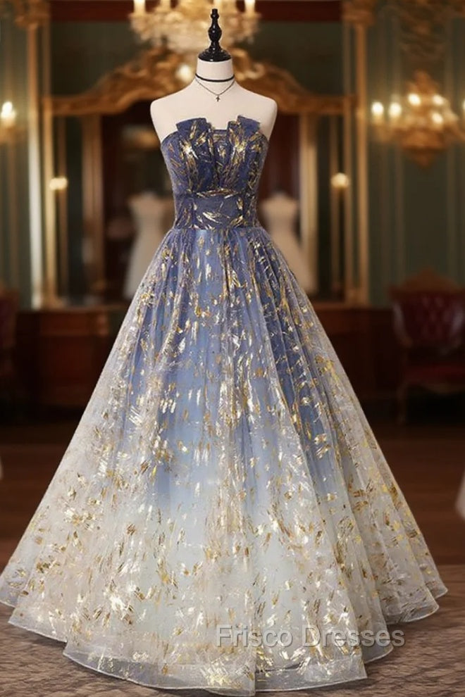 Blue Ombre Long Lace Formal Prom Dress, Blue Long Lace Tulle Formal Evening Dress Main image