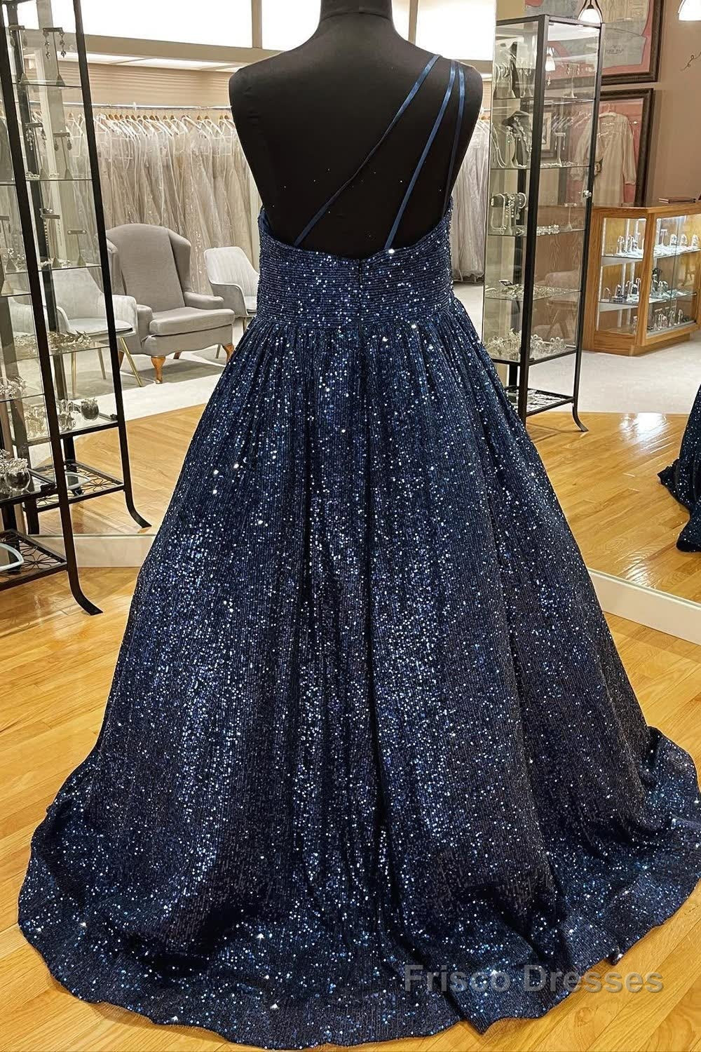Blue One Shoulder A Line Sequins Prom Dress