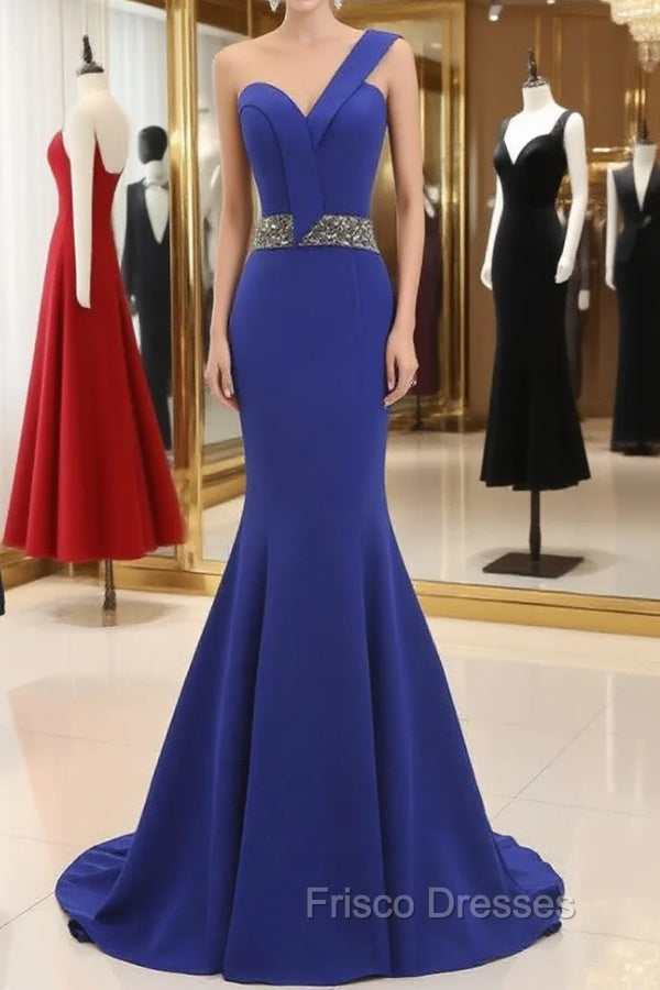 Blue One Shoulder Mermaid Satin Evening Dress With Beading Main image